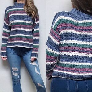 Vintage 80s PSC pastel striped chunky knit mock neck cropped colorblock sweater